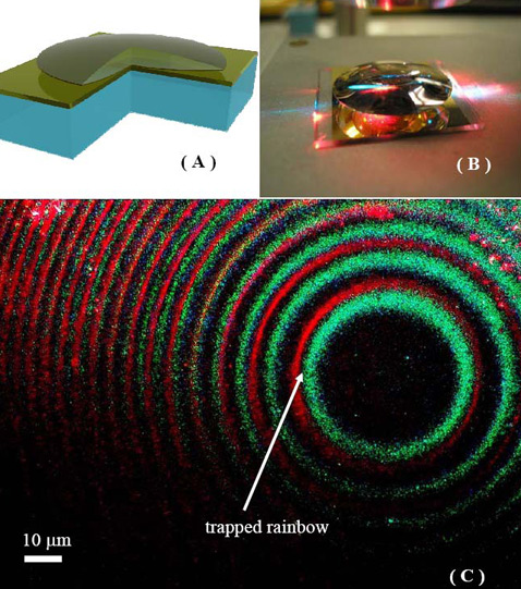 (A) модель "радуголовки" в разрезе. Расстояние между поверхностью линзы и плоским стеклом, на которое её положили, формирует адиабатически меняющийся волновод; (B) ловушка в действии; (C) захваченная радуга в прицеле оптического микроскопа (фото Vera Smolyaninova/Towson University).