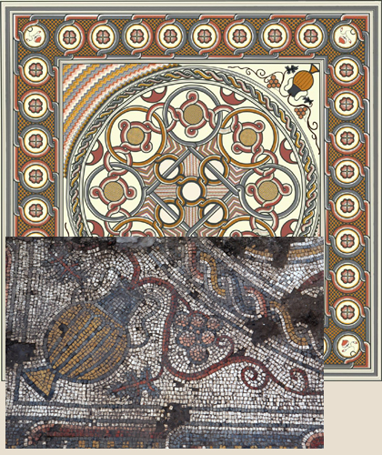 Реконструкция рисунка мозаики в Иерихоне и фрагмент мозаики с виноградной лозой, означающей евхаристию.