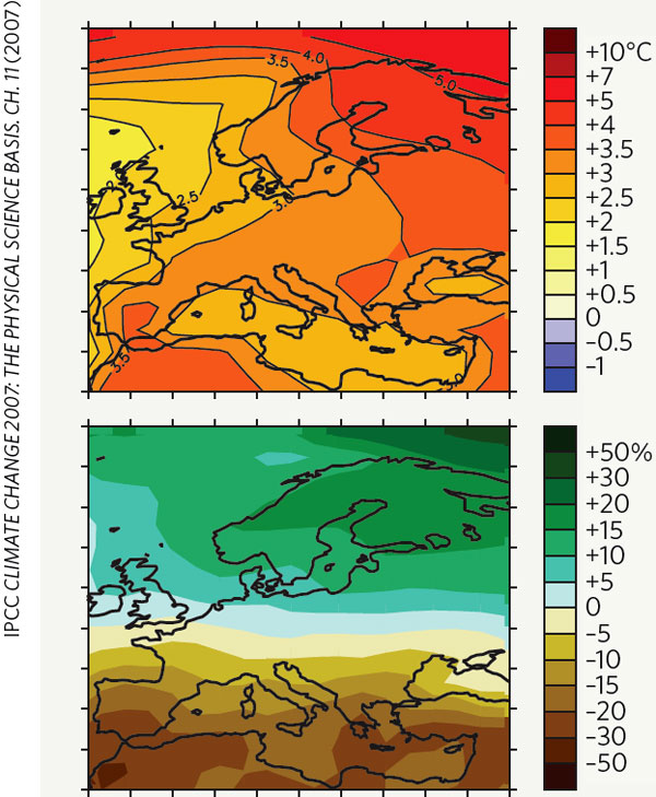 Рис. 1. Прогноз изменений температуры (верхняя панель) и осадков (нижняя панель) в Западной Европе на конец XXI столетия. Видно, что температура в Европе повысится в среднем на 3°C, а вот осадков будет существенно больше выпадать на севере и существенно меньше на юге (где неизбежны сильные засухи). Карта из: IPCC CLIMATE CHANGE 2007: THE PHYSICAL SCIENCE BASIS. CH. 11 (2007). Из обсуждаемой статьи Куирина Ширмайера в Nature