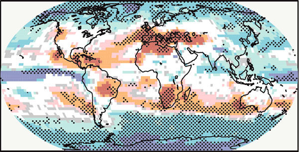 Рис. 2. Прогноз изменений количества выпадающих осадков на 2090–2099 гг. Голубым показаны области, где осадков выпадать будет больше, коричневым — где их будет выпадать меньше (засухи). Белым цветом показаны районы, для которых нет прогноза. Черными точками выделены области, для которых предсказания разных моделей сходятся по крайней мере в знаке предполагаемых изменений, то есть будет суше или более влажно. По данным IPCC CLIMATE CHANGE 2007: THE PHYSICAL SCIENCE BASIS. CH. 11 (2007). Из обсуждаемой статьи Куирина Ширмайера в Nature
