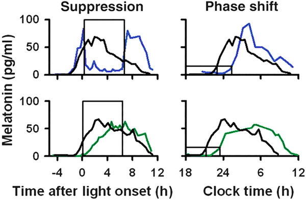 Типичные результаты эксперимента для двух испытуемых, одному из которых предъявлялся синий «меланопсиновый» свет (460 нм; верхний ряд графиков), а другому — зеленый «колбочковый» (555 нм, нижний ряд графиков). В левой колонке показано изменение уровня мелатонина во время предъявления света (этот интервал времени показан черным прямоугольником), а в правой — на следующий день после эксперимента (черные вертикальные линии показывают «фазовый сдвиг» графиков). Черные графики — колебание мелатонинового уровня за день до эксперимента. Изображение из обсуждаемой статьи в Science Translational Medicine